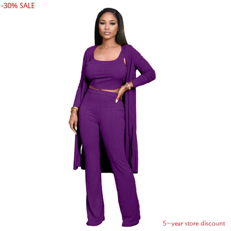 

Knitted 3 Piece Set Womens Fall Fashion 2020 Long Trench Ribbed Crop Top Set Long Pant Women Sets Pant Suits Club Office Wear, Home fun set