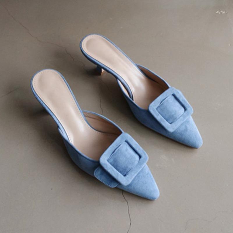 

DEAT 2021 New Spring Summer Fashion Casual Pointed Head Baotou Middle Heel Square Buckle Women Slim Heels Sandals Leather SG8611, Black