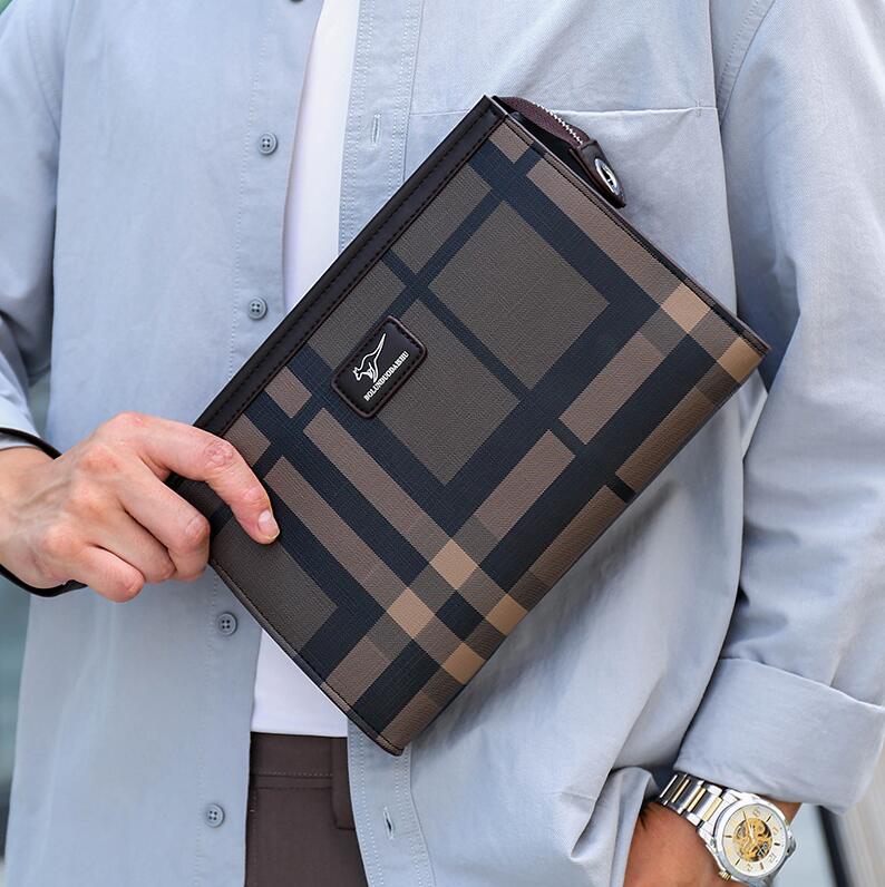 

Wholesale mens clutch business fashion Plaid envelope bag horizontal large capacity multi-card holder men storage wallet street trend contrast leather handbag, Black2-078