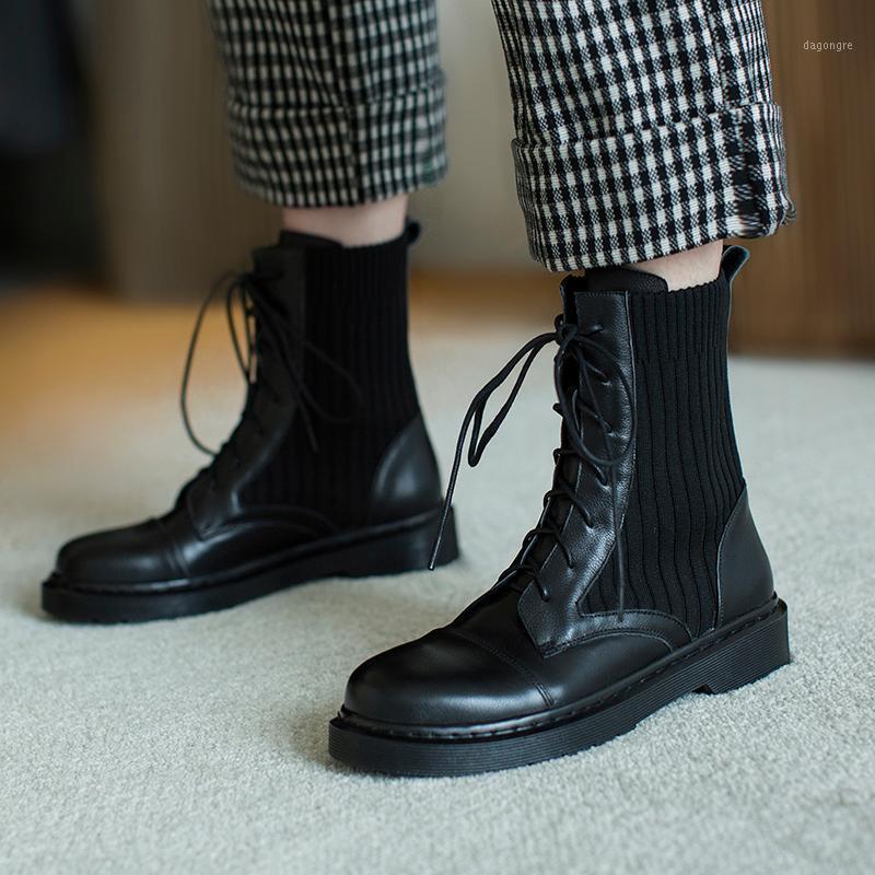

New Comfortable knitting Women Ankle Boots Cross Tied genuine leather low heels Short Boots Winter Casual Party Shoes Woman1, Black