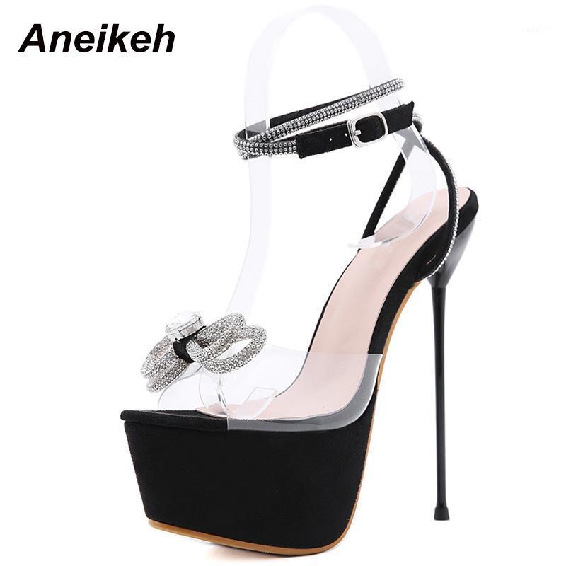 

Aneikeh Shoes For Women 2021 Sweet Butterfly-Knot Bordered Bling Crystal Patchwork High Heels Sandals PVC NEW Summer 34-40 Black1, Black