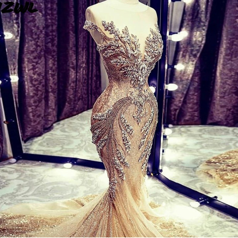 

Major Beading Crystal Jewel Prom Dresses With Sheer Neck Mermaid Luxury Evening Dress Custom Made Illusion Robe de soires 2022, Orange