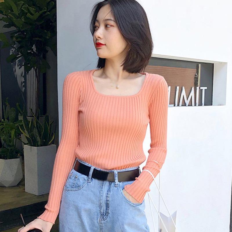 

Autumn Winter Women Knitted Sweaters Autumn Long Sleeve Square Collar Slim Pullover Solid Color Female Jumper Sweaters For Women, Beige