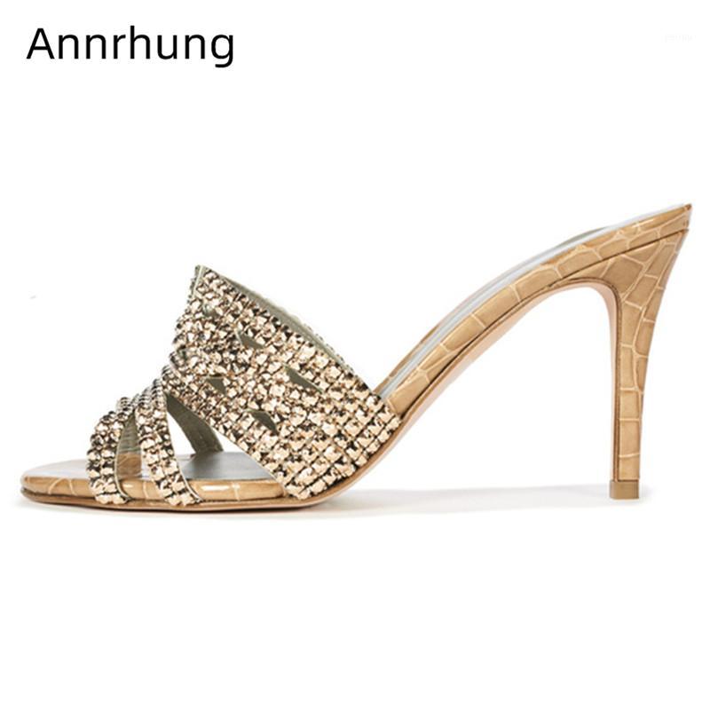 

2020 New Design Jeweled Crystal Slippers Women Thin High Heel Open Toes Genuine Leather Outwear Mules Rhinestone Shoes Woman1, Red