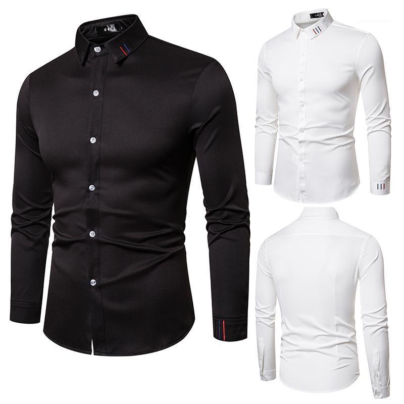 

2020 New Solid Color Fashion Long-Sleeved Cotton Shirt Slim Men' Social Casual Business White Black Formal Shirt 90421, 9042