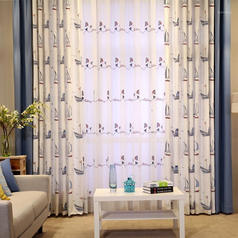

custom curtain Korean style window curtain sailing Stitching blue cloth embroidery tulle shading children boy girl bedroom M0611, Blackout curtain