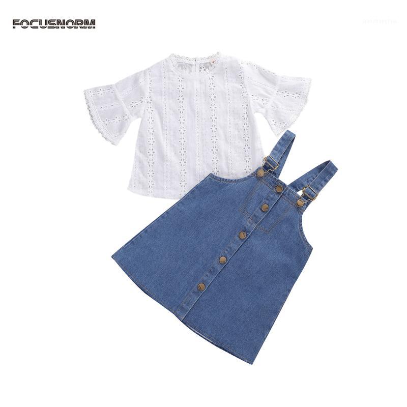 

Summer Kids Baby Girls Holiday Clothes Sets Lace Ruffles Flare Sleeve T Shirts Tops+Blue Denim Overalls Dress1, As pic