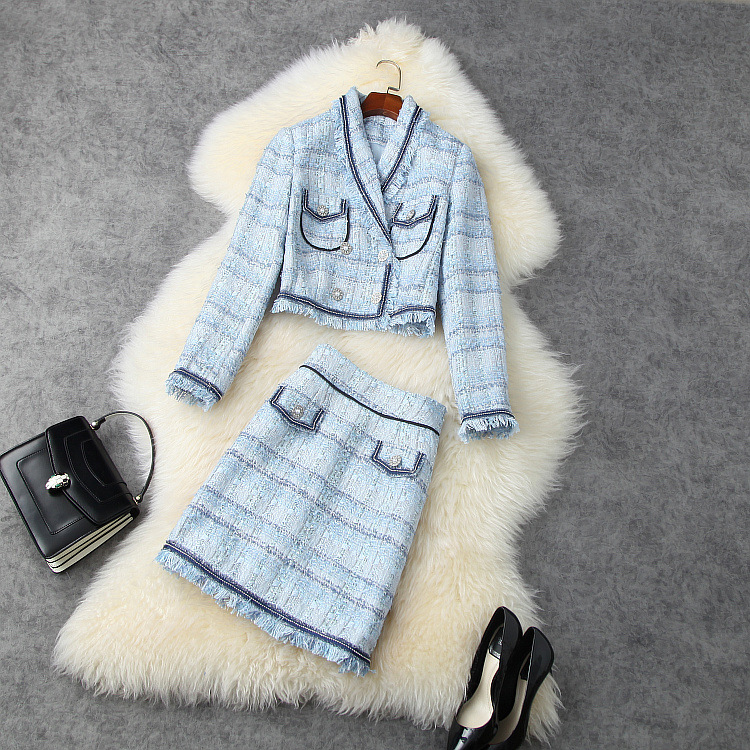

European and American women's wear 2020 winter new style Long-sleeved double-breasted jacket skirts Fashionable tweed blue suit