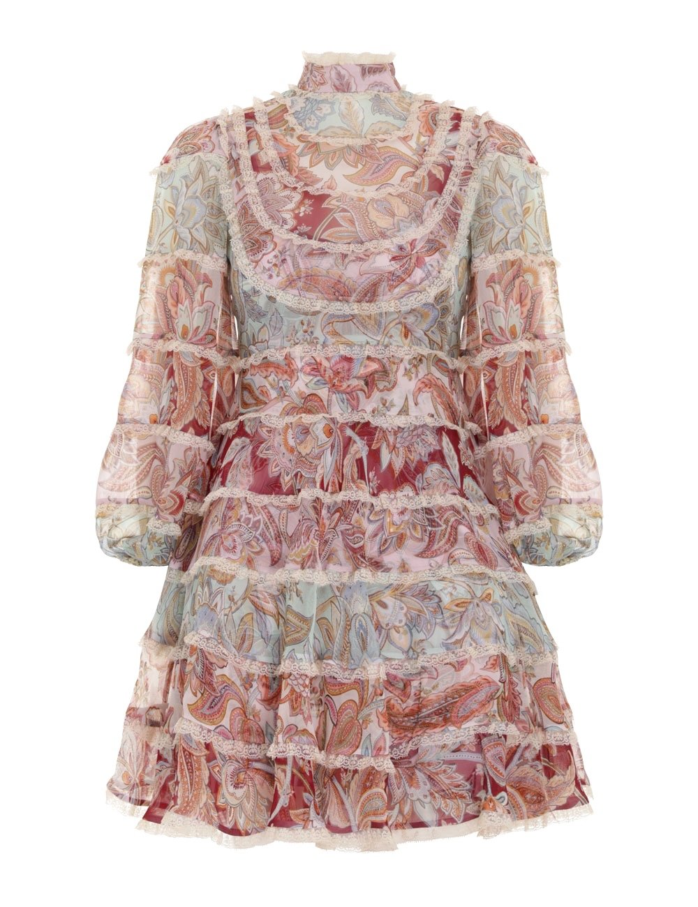 

Europe station women's dress 2020 autumn new stand collar patchwork lace lantern sleeve temperament dress, Multi
