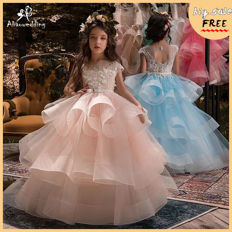 

New Arrival Little Girls Luxury Lace Applique Holy First Communion Dresses for Girls Floor Length Open Back Princess Dress, Color 6