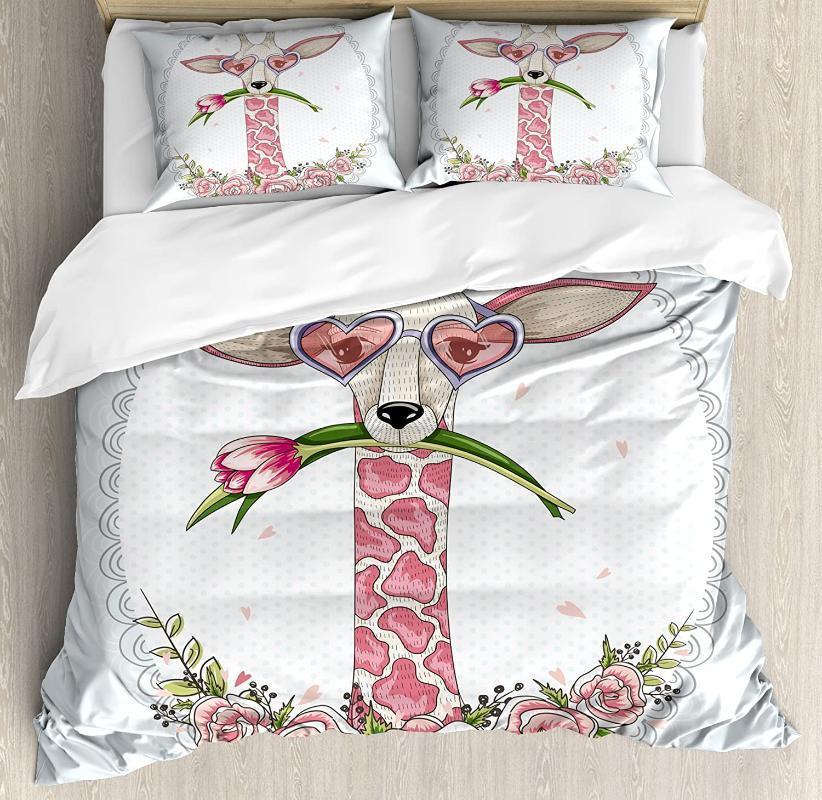 

Valentine Duvet Cover Set Cute Hipster Giraffe with Tulip Heart Shaped Glasses Vintage Love Frame Bedding Set Blue Pink1, As pic