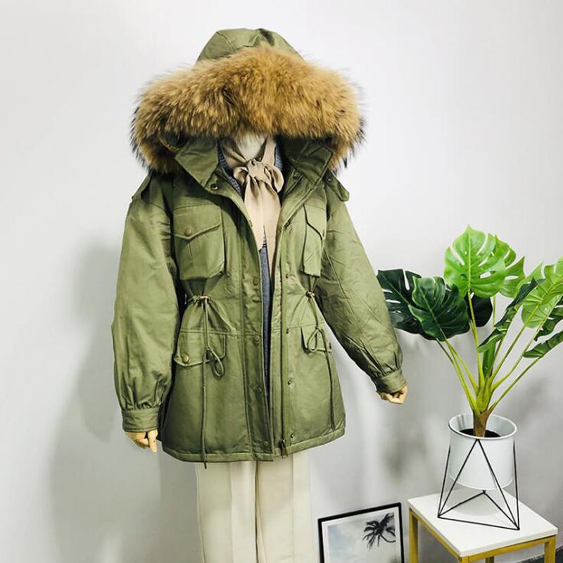 

2021 Big Natural Raccoon Fur Down Jacket Women Winter Big Fur Collar Thicken 90% White Duck Down Parka For Women, Khaki pink fur