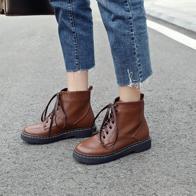 

YMECHIC Ladys Concise Lace Up Brown Black Combat Boots Low Heel Platform Womens Ankle Short Boot Casual Shoes Plus Size1