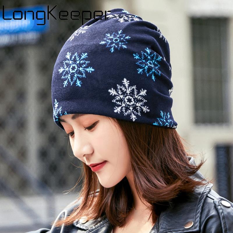 

LongKeeper New Women Beanie Hat Casual Polyester Scarf Cap For Ladies Skullies Girls Snowflake 6 Colors Winter Hats Hip Hop, Pink