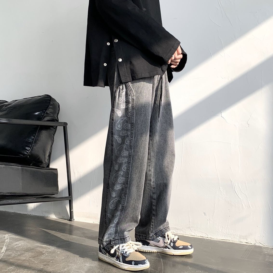 

Men's Brim 2021 Pants Spring and Winter New Cashew Flower Scrubbing Jeans Fashion Young Clothes Y9ME, Black