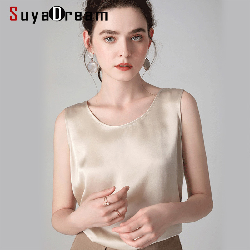 

SuyaDream Women Tanks 100%Real Silk Satin O neck Sleeveless Shirt Solid Summer Vests Y200326, Lavender