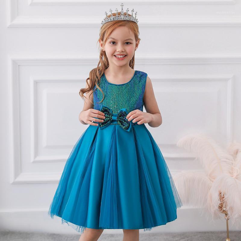 

Blue Pink White Flower Girl Dress Kids Pageant Birthday Formal Party Sequins Dress Bowknot First Communion Prom Gown 4-11Y1