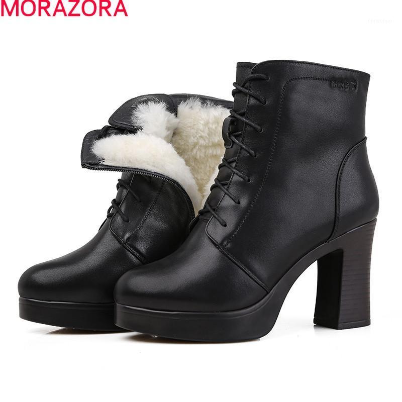 

MORAZORA 2021 New arrival genuine leather wool boots fashion high heels platform shoes for woman winter keep warm ankle boots1, Black