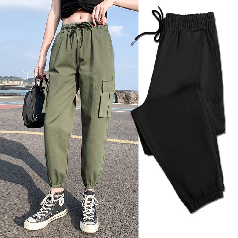 

Cotton Plus Size Cargo Pants Women Elastic High Waist Pantalon Cargo Femme Gray Loose Pockets Trousers Women Streetwear Pants