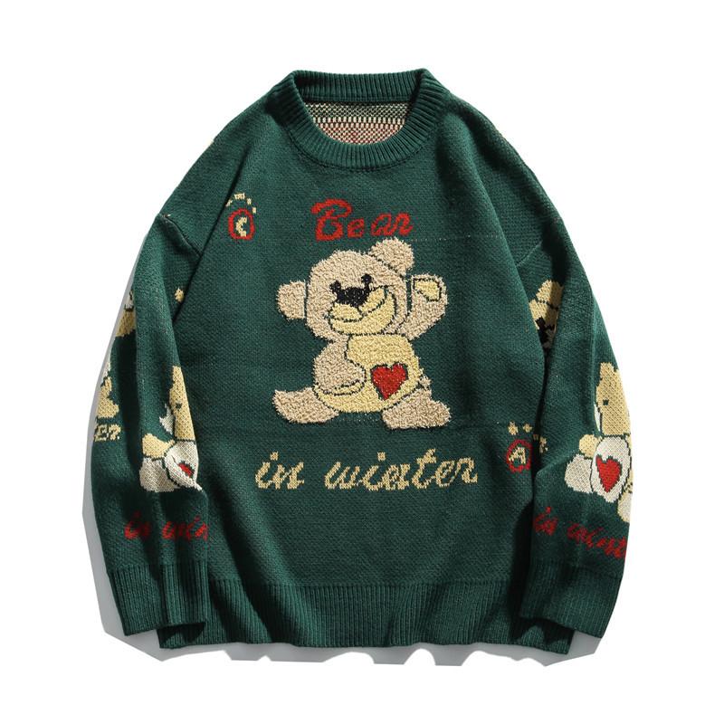 

Japanese Harajuku Cute Knitted Heart Bear Sweater for Women and Men Oversized Kawaii Graphic Cartoon Pullover Bear Jumper, Green