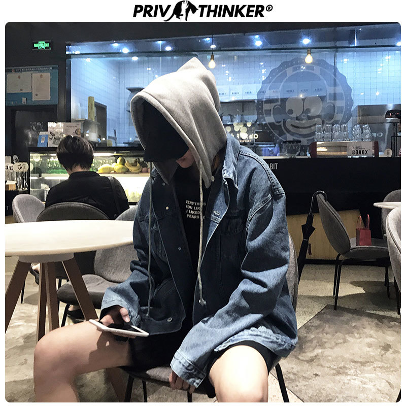 

2021 New Privathinker Men' Hip Hop Fashion Denim Men Hooded Korean Outwear Coat Male Autumn Jean Jackets Oversize BTA7, Blue(asiansize)