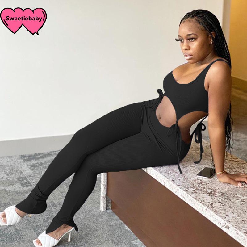 

2 Piece Workout Casual Women Solid Suit Top+Leggings Lace Up Bow Hollow Out Sport Fitness Running Set Femme Sleeveless Sportwear, Black