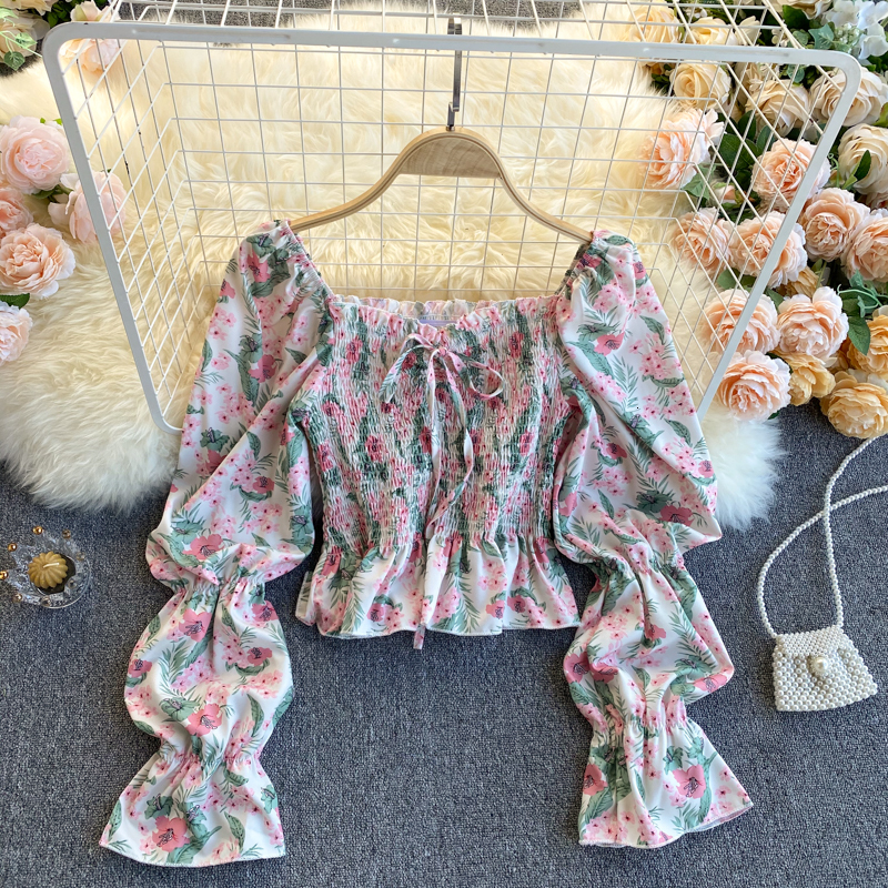 

2021 New Singiny feminine floral print thin spring turtleneck square puff short tops bow ruched jumper cord 77TH, Pink-green