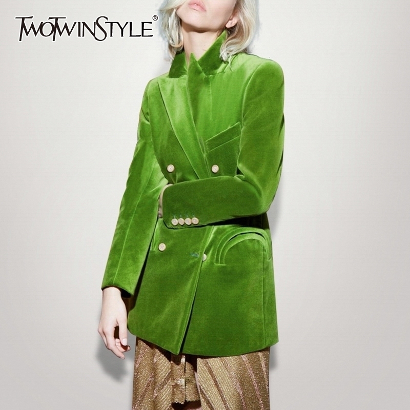 

TWOTWINSTYLE Elegant Women's Blazer Notched Long Sleeve Double Breasted Pocket Female Suits Clothing Autumn Fashion New 201201, Green