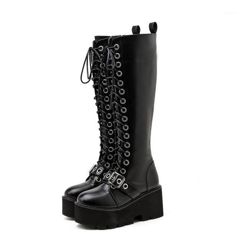 

PXELENA Gothic Punk Knight Motorcycle Combat Chunky High Heel Thick Platform Knee High Boots Women Buckle Cosplay Shoes Lace Up1, Black