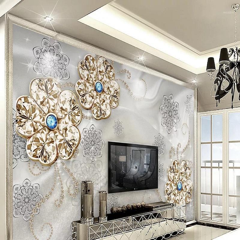 

New Custom 3D Large Mural Wallpaper European style luxury diamond flower jewelry children's room TV Background living Bedroom1, As show