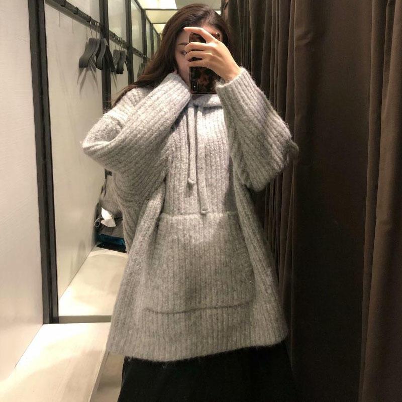 

SeeBeautiful Large Size Thick Knitted Pullovers Sweater Hooded Long Sleeve Pocket New Fashion 2021 Winter Spring Women M757, Picture color 4778