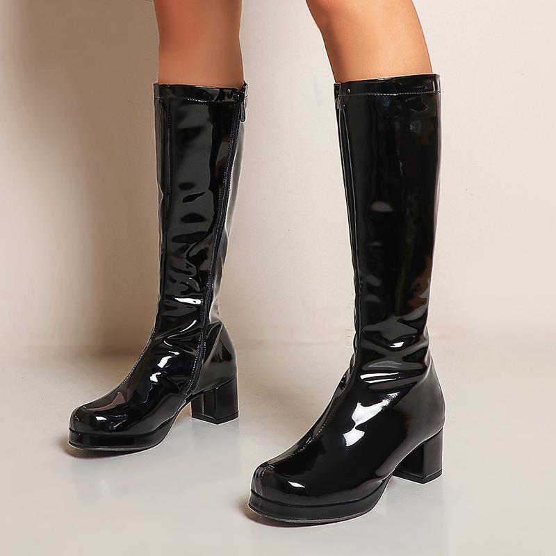 

New fashion boots Patent Leather Women's Slip on Knee High Boots Women Fashion Square Heel Casual black white Women1, Purple
