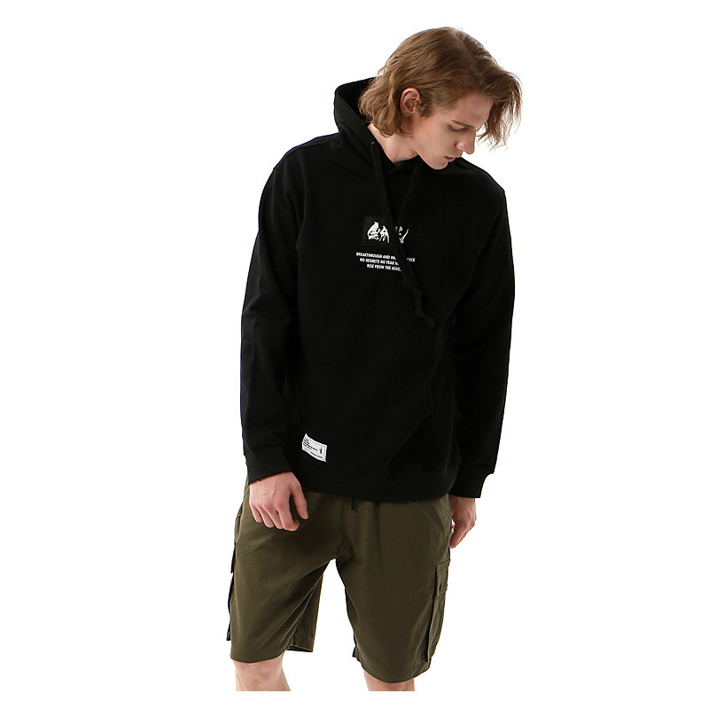 

2021 New Hooded Guard Man's Personality Chinese Wind Print Sleeve Sports Long-sleeved Trend Running Fitness Top Autumn and Winter Cktk, Black