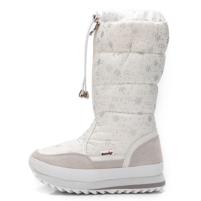 

New Fashion High Boots Women Winter Snow Boots Front Zipper Platform Warm Women Shoes Black White Snowflake XKD2171