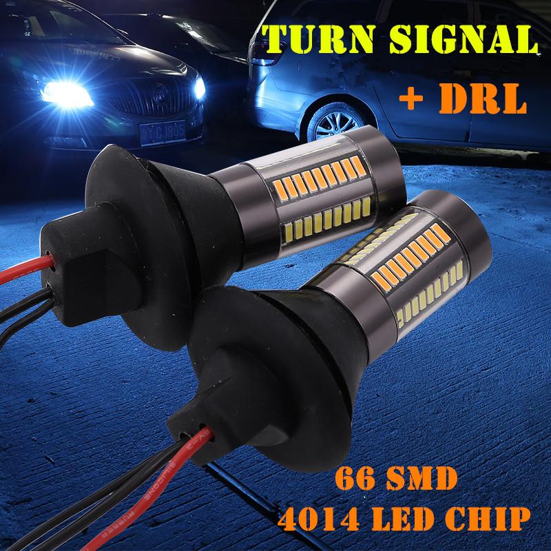 

2Pcs Car LED Dual Color 1156/BA15S/P21W BAU15S/PY21W T20 T25 4014-66SMD Turn Signal DRL Daytime Running Light Canbus Error Free, As pic