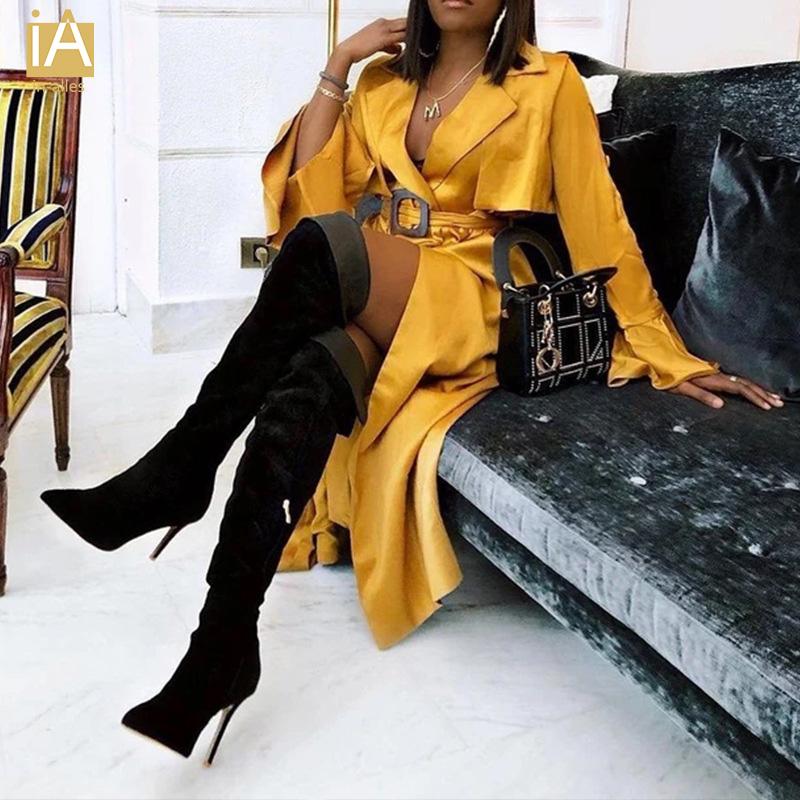 

Autumn Winter 2021 Women Elegant Long Coat with Belt Solid Color Long Sleeve Chic Outerwear Ladies Overcoat Clothes, Black