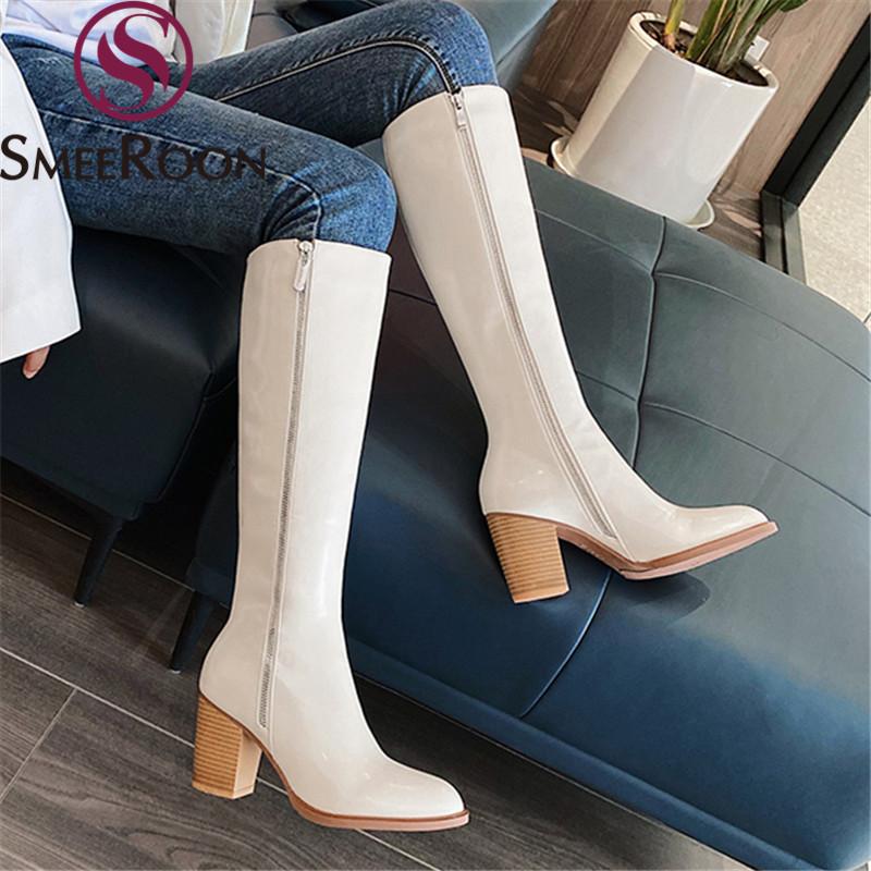 

Smeeroon 2020 New fashion knee high boots thick high heels square toe ladies shoes winter simple with zip women boots, Black