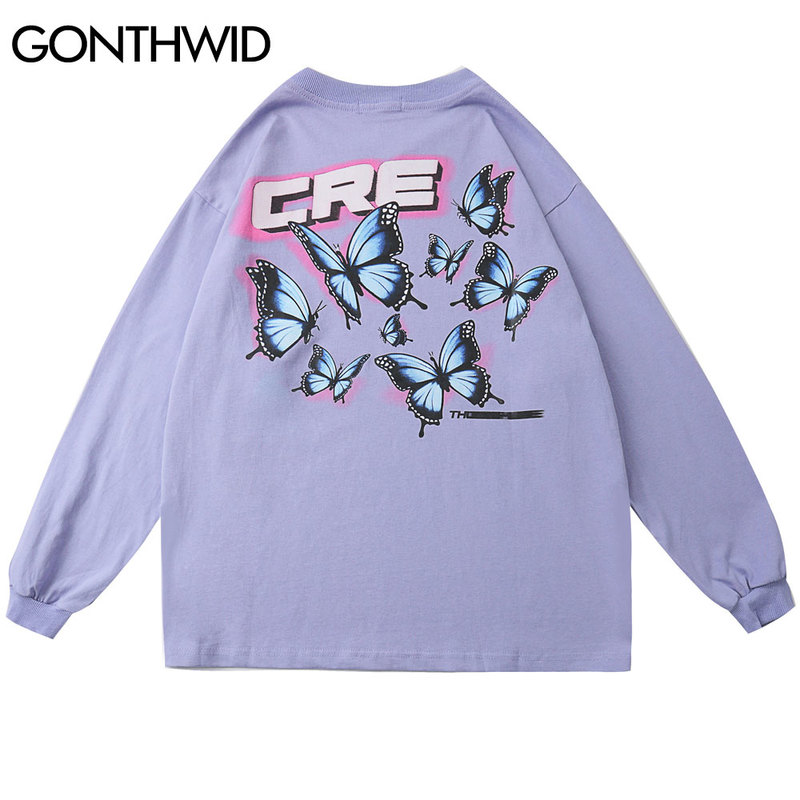

Butterfly Print Long Sleeve Tshirts Streetwear Hip Hop Casual Loose Tees Shirts Mens 2020 Harajuku Fashion Cotton Tops, Purple
