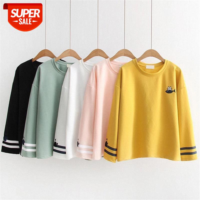 

HSA Embroidered Women T-Shirt 2020 Casual O-Neck Long Sleeve Simple Streetwear Pullovers Harajuku sweet Sweatshirts Tees #GY2v, White