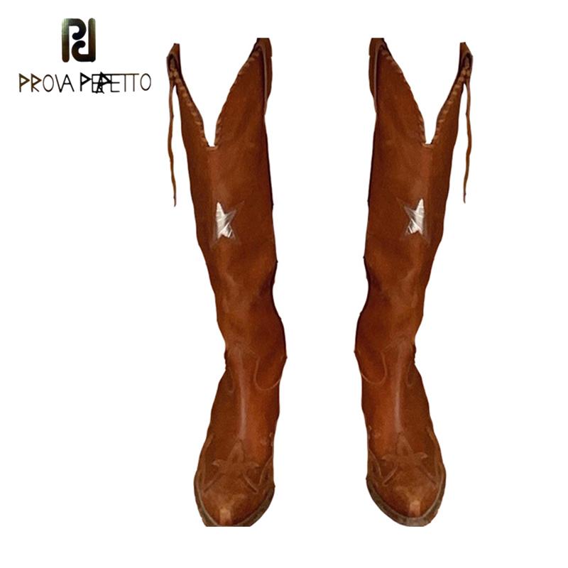 

2020 Autumn/Winter New Retro Pointed Toe Knee-high Western Cowboy Boots Fashion Microfiber Zipper Med-heel Sleeve Knight Boots, Brown