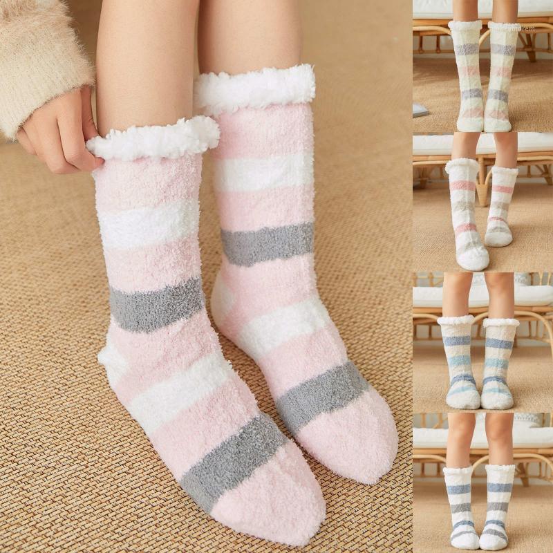 

Thick Warm Sleep Cotton Socks Slippers Socks Thicken Women Girls Print Stripe Casual Non Slip Warm Winter Mid Tube Cute1, Gray