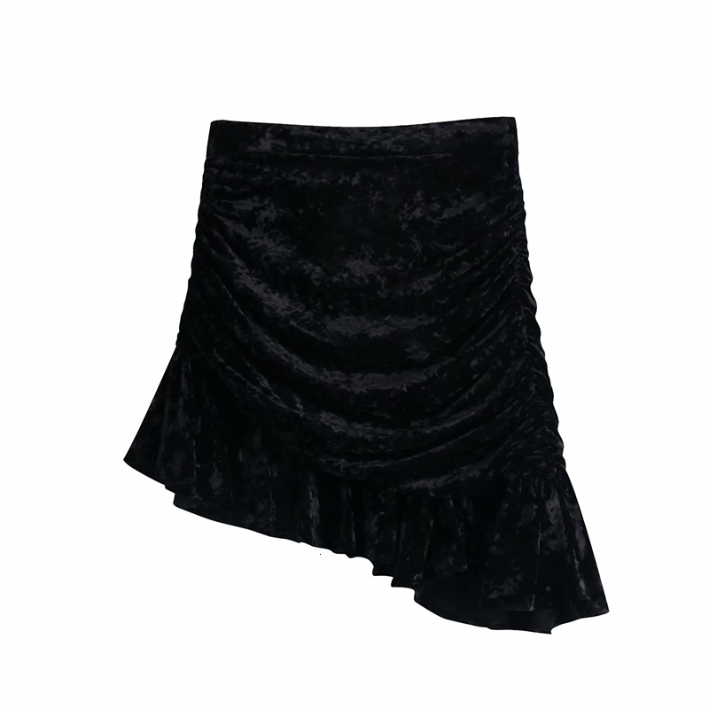 

2021 New Elegant Women Asymmetric Mini Fashion Ladies Black Veet Zipper Skirt Sweet Female Chic High Waist Draped Skirts Vep7