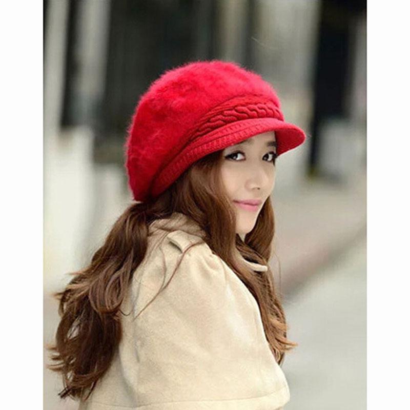 

2021 New Fashion Winter Women Fur Beret Hat Elegant Ladies Solid Flat Cap Thicken Warm Earmuffs Knitted Wool Beanie Hat, Camel