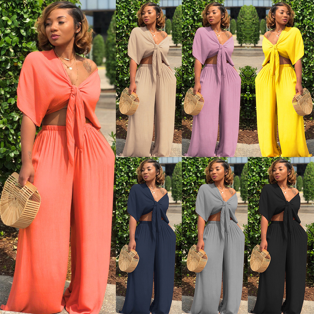 

Women Sets Summer Tracksuits Fitness V-Neck Bow Tops+Wide Leg Pants Suit Two Piece Set Night Outfits 2 Pcs Street GL7003 201007, Blue