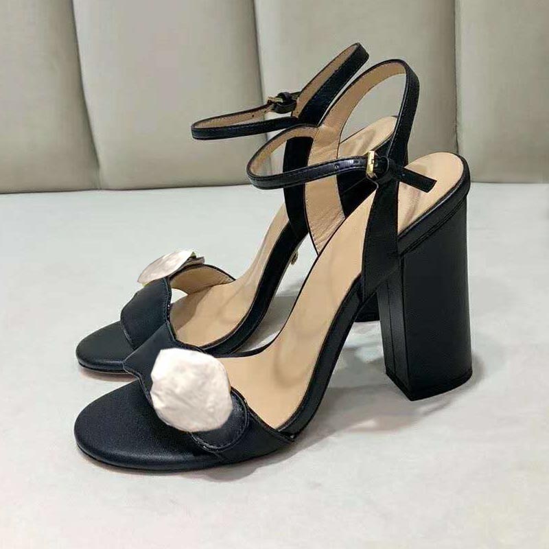 

Classic cowhide fashion sandals designer summer women's thick heel high heels beautiful banquet metal buckle woman shoes elegant sexy weddin, Extra shoebox