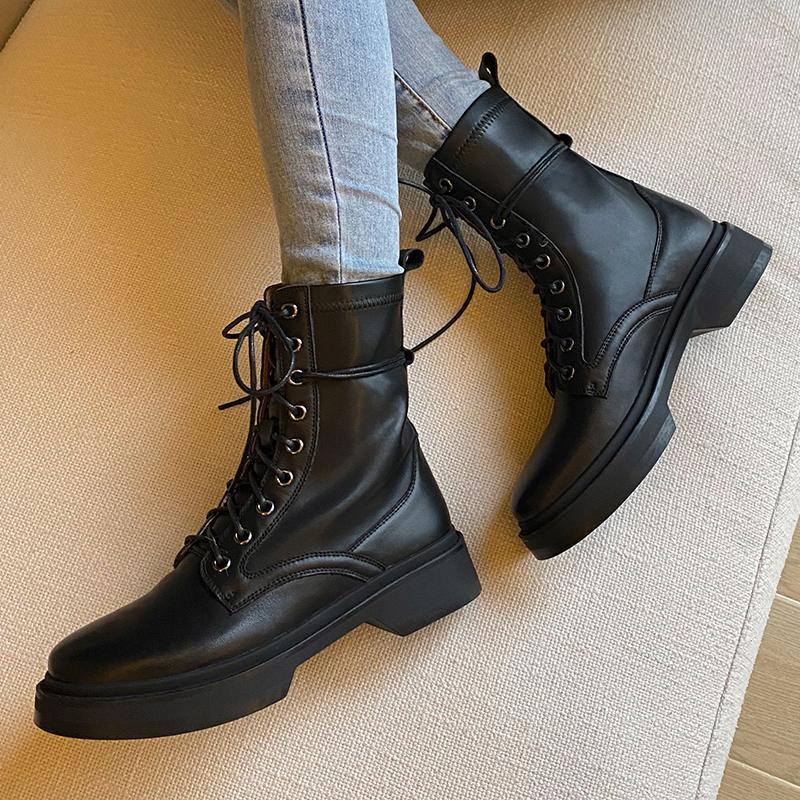 

EshtonShero Boots Female 2021 Autumn New Genuine Leather Women Boots Med Heel Lace Up Round Toe winter women shoes Size 3-81, Black