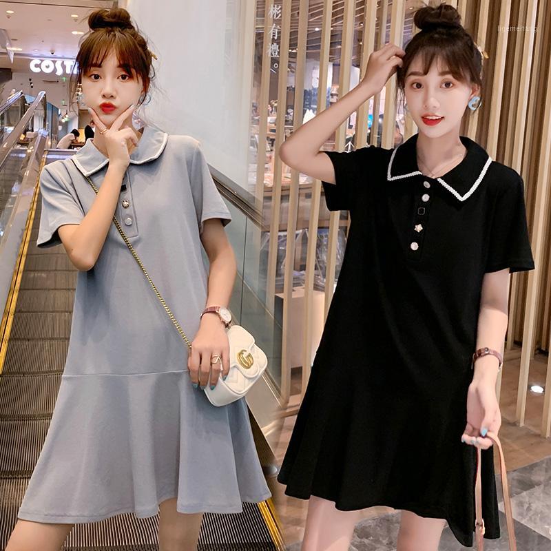 

506# Maternity Dress Nursing Turn Down Color Summer Short Sleeve Easy Matching Loose Stylish Dress for Pregnant Women Mom1, Black