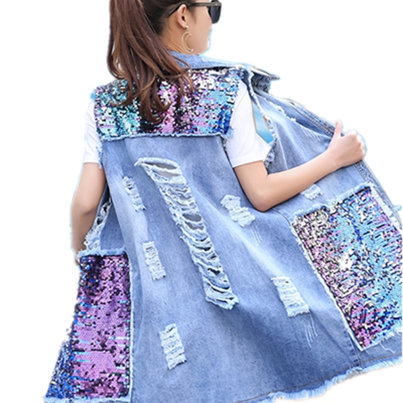 

2021 New Autumn Winter Plus Size Jacket Sleeveless Oversized Denim Women Sequin Boyfriend Ripped Jeans Vest Long Waistcoat Vxaw, Beige