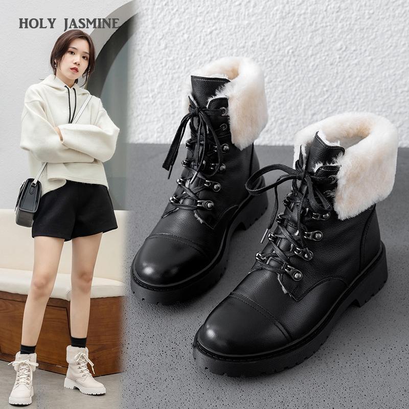 

2021 Women Boots Autumn Winter Plush Boots Shoes High Heel Round Toe New Genuine Leather Ankle Winter Women1, Black