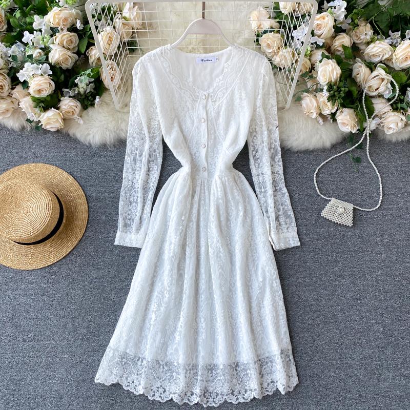 

Lady Autumn 2020 New V-neck Slim Lace Dress Women Fashion Solid Color Long Sleeve Vintage Clothing Harajuku Vestidos P606, White